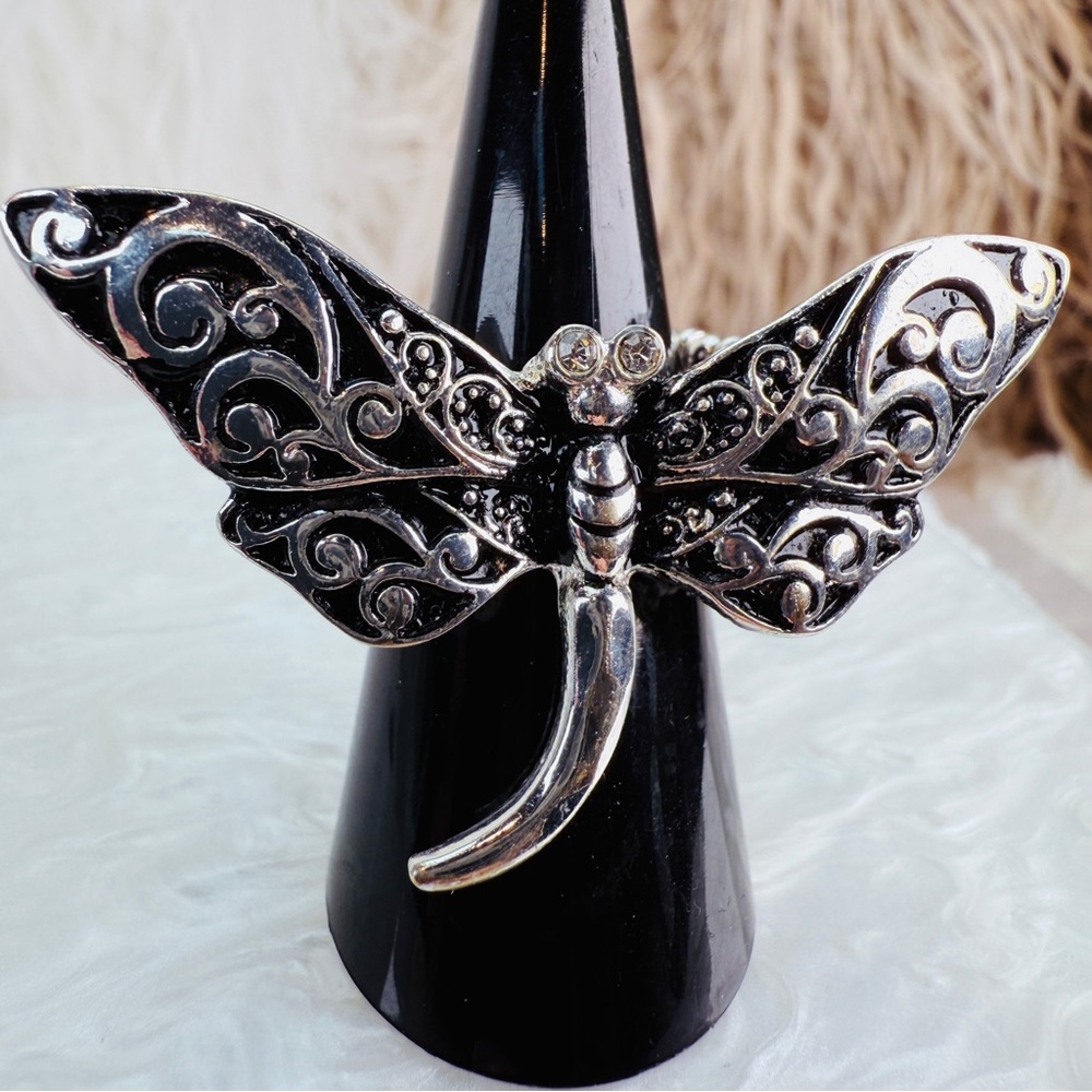 Beautiful, Silvertone Adjustable Stretch, Dragonf… - image 3